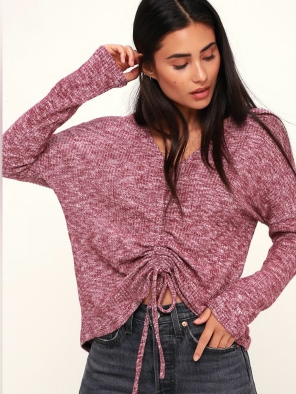 Lucky Brand Heathered Grey Ruched V-Neck Sweater